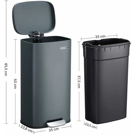 Songmics Kitchen Rubbish Bin, Pedal Trash Can 30L, With Plastic Inner Bucket, Hinged Lid, Soft Closure, Odour Proof And Hygienic, Smoky Grey LTB03GS 7 Songmics Kitchen Rubbish Bin, Pedal Trash Can 30L, With Plastic Inner Bucket, Hinged Lid, Soft Closure, Odour Proof And Hygienic, Smoky Grey LTB03GS - Image 5