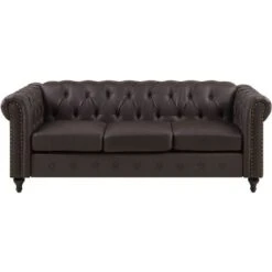 Vintage Faux Leather 3 Seater Sofa Dark Brown Buttoned Scroll Arms Chesterfield