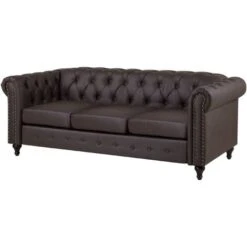 Vintage Faux Leather 3 Seater Sofa Dark Brown Buttoned Scroll Arms Chesterfield -Home Sale Shop 12643252 4