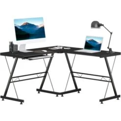 HOMCOM L Shape Desk Straight Corner Table Office Gaming Laminated Sturdy Black
