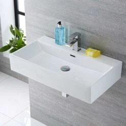 Milano Elswick - Modern White Ceramic Rectangular Countertop Or Wall Mounted Bathroom Basin Sink – 750mm X 420mm 9 Milano Elswick - Modern White Ceramic Rectangular Countertop Or Wall Mounted Bathroom Basin Sink – 750mm X 420mm -Home Sale Shop 15473693 3