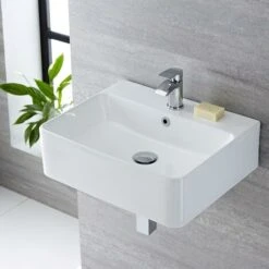Milano Farington - Modern 520mm X 420mm White Ceramic Rectangular Countertop Wall Mounted Hung Bathroom Basin Sink – Basin Only 9 Milano Farington - Modern 520mm X 420mm White Ceramic Rectangular Countertop Wall Mounted Hung Bathroom Basin Sink – Basin Only -Home Sale Shop 15473695 3