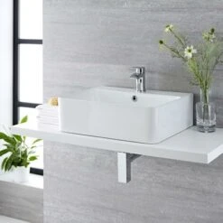Milano Farington - Modern 520mm X 420mm White Ceramic Rectangular Countertop Wall Mounted Hung Bathroom Basin Sink – Basin Only 10 Milano Farington - Modern 520mm X 420mm White Ceramic Rectangular Countertop Wall Mounted Hung Bathroom Basin Sink – Basin Only -Home Sale Shop 15473695 4