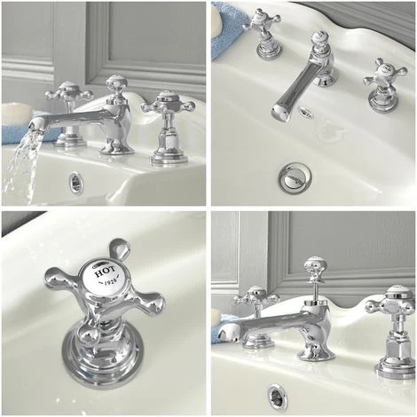 Milano Elizabeth - Traditional 3 Tap-Hole Basin Mixer Tap - Chrome & White (Crosshead Handles) 5 Milano Elizabeth - Traditional 3 Tap-Hole Basin Mixer Tap - Chrome & White (Crosshead Handles) - Image 3