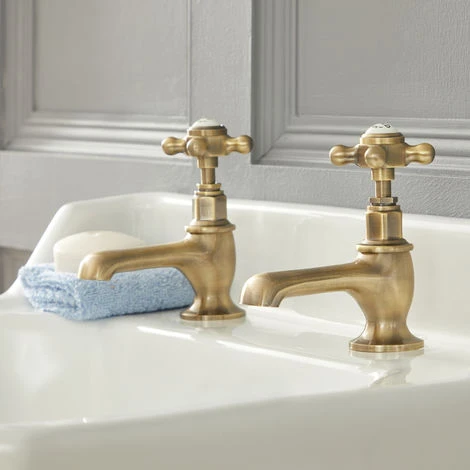 Milano Elizabeth - Traditional Bathroom Basin Pillar Taps - Brushed Gold (Crosshead Handles) 4 Milano Elizabeth - Traditional Bathroom Basin Pillar Taps - Brushed Gold (Crosshead Handles) - Image 2