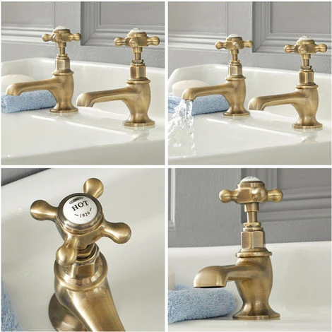 Milano Elizabeth - Traditional Bathroom Basin Pillar Taps - Brushed Gold (Crosshead Handles) 5 Milano Elizabeth - Traditional Bathroom Basin Pillar Taps - Brushed Gold (Crosshead Handles) - Image 3