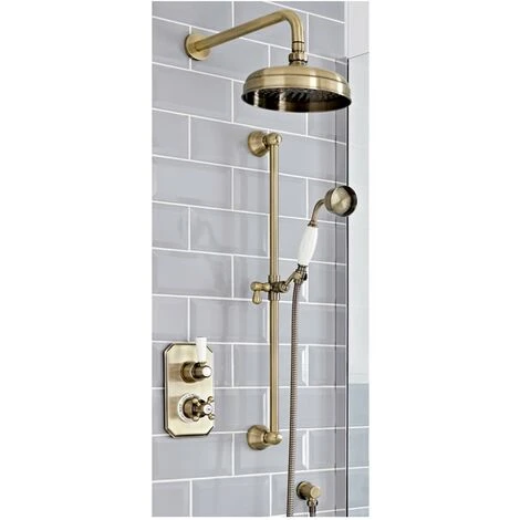 Milano Elizabeth - Traditional 2 Outlet Twin Diverter Thermostatic Mixer Shower Valve With Round Rainfall Shower Head And Riser Rail Kit - Brushed Gold 3 Milano Elizabeth - Traditional 2 Outlet Twin Diverter Thermostatic Mixer Shower Valve With Round Rainfall Shower Head And Riser Rail Kit - Brushed Gold