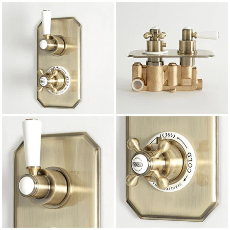 Milano Elizabeth - Traditional 2 Outlet Twin Diverter Thermostatic Mixer Shower Valve With Round Rainfall Shower Head And Riser Rail Kit - Brushed Gold 6 Milano Elizabeth - Traditional 2 Outlet Twin Diverter Thermostatic Mixer Shower Valve With Round Rainfall Shower Head And Riser Rail Kit - Brushed Gold - Image 4