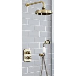 Milano Elizabeth - Traditional 2 Outlet Twin Diverter Thermostatic Mixer Shower Valve With Hand Shower Handset And Round Rainfall Shower Head - Brushed Gold