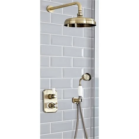 Milano Elizabeth - Traditional 2 Outlet Twin Diverter Thermostatic Mixer Shower Valve With Hand Shower Handset And Round Rainfall Shower Head - Brushed Gold 3 Milano Elizabeth - Traditional 2 Outlet Twin Diverter Thermostatic Mixer Shower Valve With Hand Shower Handset And Round Rainfall Shower Head - Brushed Gold
