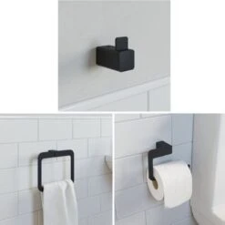 Bathroom WC Set Towel Ring Toilet Roll Holder Robe Hook Black Square Wall Mount