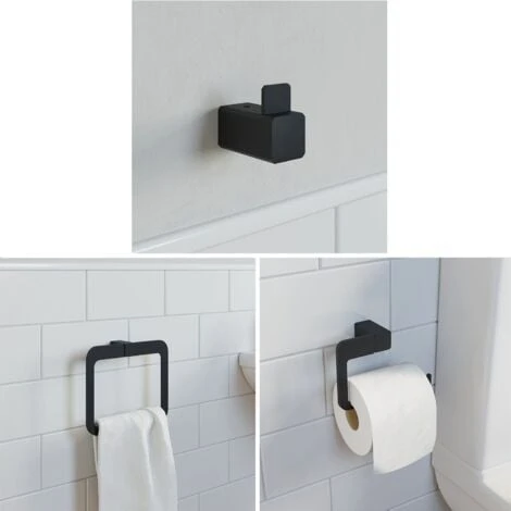 Bathroom WC Set Towel Ring Toilet Roll Holder Robe Hook Black Square Wall Mount 3 Bathroom WC Set Towel Ring Toilet Roll Holder Robe Hook Black Square Wall Mount