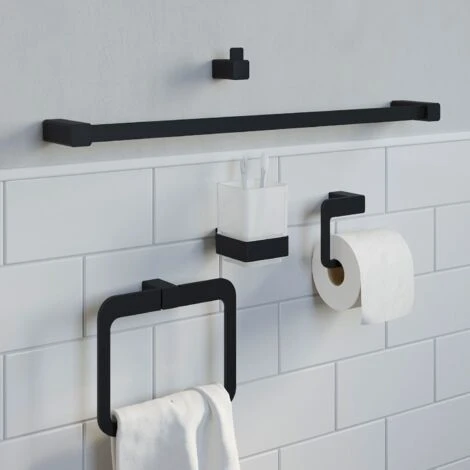 Bathroom WC Set Towel Ring Toilet Roll Holder Robe Hook Black Square Wall Mount 7 Bathroom WC Set Towel Ring Toilet Roll Holder Robe Hook Black Square Wall Mount - Image 5