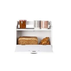 Minack Wooden Bread Bin In White // Freestanding Worktop Storage Box With Shelf