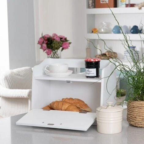 Minack Wooden Bread Bin In White // Freestanding Worktop Storage Box With Shelf 6 Minack Wooden Bread Bin In White // Freestanding Worktop Storage Box With Shelf - Image 4