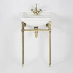 Milano Richmond - Traditional White Ceramic Bathroom Basin Sink With Brushed Gold Washstand - 500mm X 350mm (1 Tap Hole)
