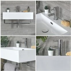Milano Elswick - Modern White Ceramic Wall Hung Bathroom Basin Sink With Chrome Towel Rail - 600mm X 420mm -Home Sale Shop 24196502 3