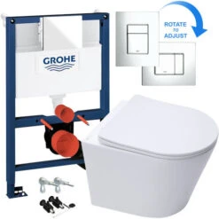 Rimless ECO Wall Hung Toilet Pan, Seat & GROHE 38773000 Rapid 0.82m SL 3-in-1 Low Height WC Cistern Frame Inc. Plate