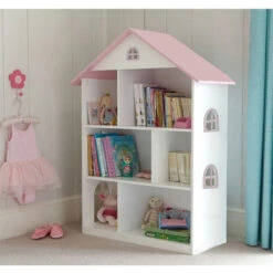 White Dollhouse Bookcase With Pink Roof