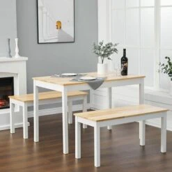 Livingandhome Dining Furniture Sets Set Of 2 Bench With Dining Table Steel Wood, White