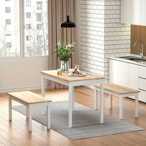 Livingandhome Dining Furniture Sets Set Of 2 Bench With Dining Table Steel Wood, White 4 Livingandhome Dining Furniture Sets Set Of 2 Bench With Dining Table Steel Wood, White - Image 2