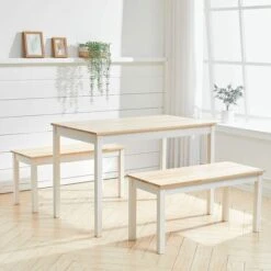 Livingandhome Dining Furniture Sets Set Of 2 Bench With Dining Table Steel Wood, White 9 Livingandhome Dining Furniture Sets Set Of 2 Bench With Dining Table Steel Wood, White -Home Sale Shop 36830988 3