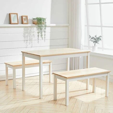 Livingandhome Dining Furniture Sets Set Of 2 Bench With Dining Table Steel Wood, White 5 Livingandhome Dining Furniture Sets Set Of 2 Bench With Dining Table Steel Wood, White - Image 3