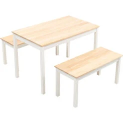 Livingandhome Dining Furniture Sets Set Of 2 Bench With Dining Table Steel Wood, White 10 Livingandhome Dining Furniture Sets Set Of 2 Bench With Dining Table Steel Wood, White -Home Sale Shop 36830988 4