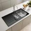 Sauber Kitchen Sink 1.5 Bowl LH Drainer Black Glass Stainless Steel Inset Waste 1 Sauber Kitchen Sink 1.5 Bowl LH Drainer Black Glass Stainless Steel Inset Waste -Home Sale Shop 46530768 1