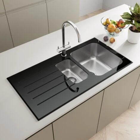 Sauber Kitchen Sink 1.5 Bowl LH Drainer Black Glass Stainless Steel Inset Waste 3 Sauber Kitchen Sink 1.5 Bowl LH Drainer Black Glass Stainless Steel Inset Waste