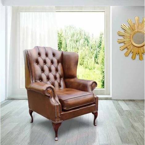 Chesterfield Mallory Flat Wing Queen Anne High Back Wing Chair UK Manufactured Antique Tan Leather 3 Chesterfield Mallory Flat Wing Queen Anne High Back Wing Chair UK Manufactured Antique Tan Leather