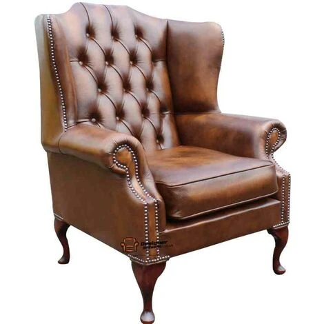 Chesterfield Mallory Flat Wing Queen Anne High Back Wing Chair UK Manufactured Antique Tan Leather 4 Chesterfield Mallory Flat Wing Queen Anne High Back Wing Chair UK Manufactured Antique Tan Leather - Image 2