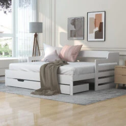 Daybed With Drawer 3FT 90 X 190 Cm Bed Frame With Trundle And Drawer, Guest Bed, Sofa Bed, For Living Room And Bedroom, White