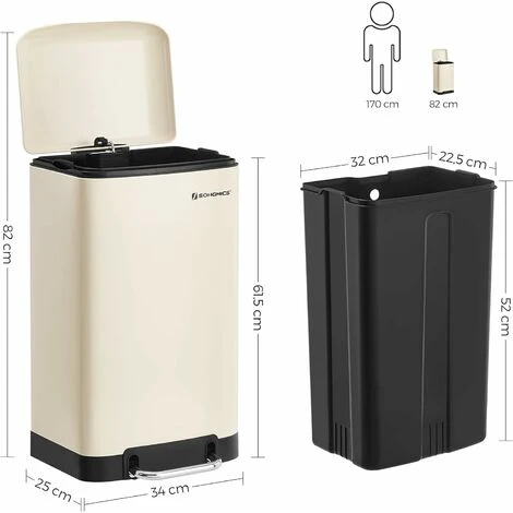 SONGMICS Rubbish Bin, 30L Trash Can, Steel Pedal Bin, With Inner Bucket And Lid, Soft Closure, Airtight, For Kitchen, Living Room, Cloud White LTB001A01 7 SONGMICS Rubbish Bin, 30L Trash Can, Steel Pedal Bin, With Inner Bucket And Lid, Soft Closure, Airtight, For Kitchen, Living Room, Cloud White LTB001A01 - Image 5