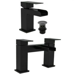 Black Matt Basin Sink Bathroom Luxury Waterfall & Bath Filler Tap Set