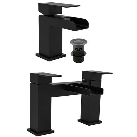 Black Matt Basin Sink Bathroom Luxury Waterfall & Bath Filler Tap Set 3 Black Matt Basin Sink Bathroom Luxury Waterfall & Bath Filler Tap Set