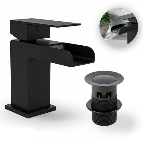 Black Matt Basin Sink Bathroom Luxury Waterfall & Bath Filler Tap Set 4 Black Matt Basin Sink Bathroom Luxury Waterfall & Bath Filler Tap Set - Image 2