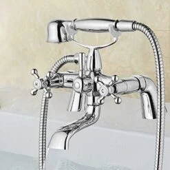 Victorian Traditional Bath Bathtub Mixer Tap With Shower Dual Lever Bathtub Taps Mixer Shower Handset Bathroom Chrome Deck Mounted