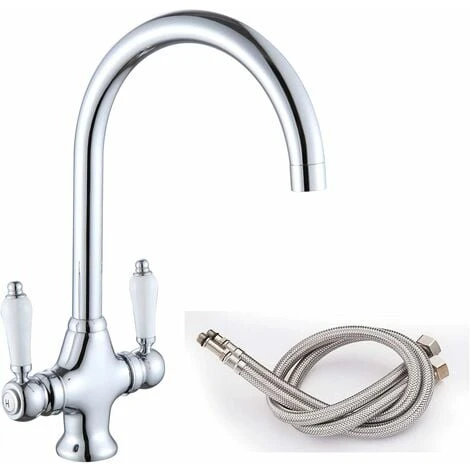 Kitchen Sink Mixer Tap Elegant White Ceramic Dual Lever Monobloc Swivel Spout Chrome Kitchen Taps With UK Standard Fittings 4 Kitchen Sink Mixer Tap Elegant White Ceramic Dual Lever Monobloc Swivel Spout Chrome Kitchen Taps With UK Standard Fittings - Image 2