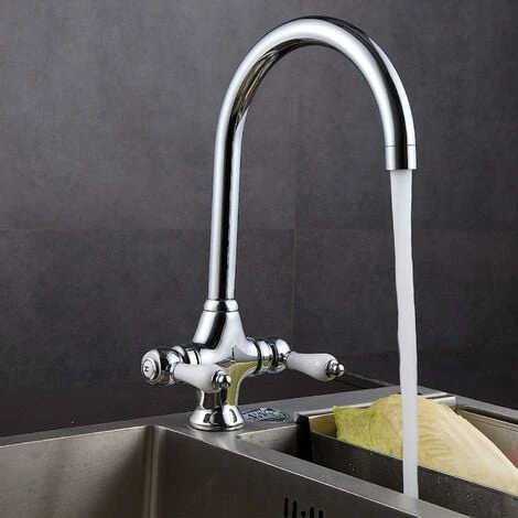 Kitchen Sink Mixer Tap Elegant White Ceramic Dual Lever Monobloc Swivel Spout Chrome Kitchen Taps With UK Standard Fittings 5 Kitchen Sink Mixer Tap Elegant White Ceramic Dual Lever Monobloc Swivel Spout Chrome Kitchen Taps With UK Standard Fittings - Image 3