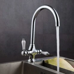 Kitchen Sink Mixer Tap Elegant White Ceramic Dual Lever Monobloc Swivel Spout Chrome Kitchen Taps With UK Standard Fittings 11 Kitchen Sink Mixer Tap Elegant White Ceramic Dual Lever Monobloc Swivel Spout Chrome Kitchen Taps With UK Standard Fittings -Home Sale Shop 59500070 5