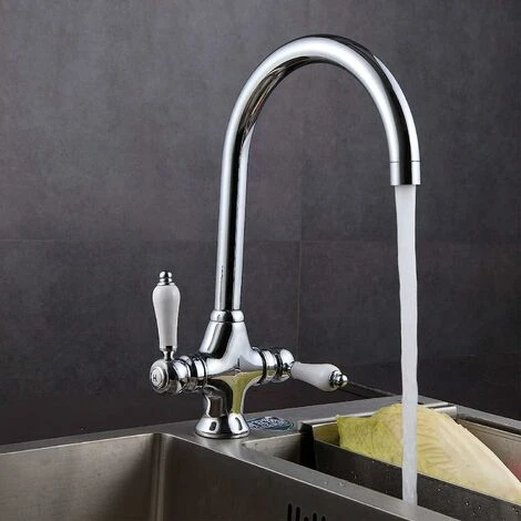 Kitchen Sink Mixer Tap Elegant White Ceramic Dual Lever Monobloc Swivel Spout Chrome Kitchen Taps With UK Standard Fittings 7 Kitchen Sink Mixer Tap Elegant White Ceramic Dual Lever Monobloc Swivel Spout Chrome Kitchen Taps With UK Standard Fittings - Image 5