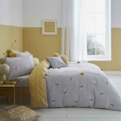Catherine Lansfield Sweet As Can Bee Duvet Cover Set Ochre & Grey Single Bedding Set
