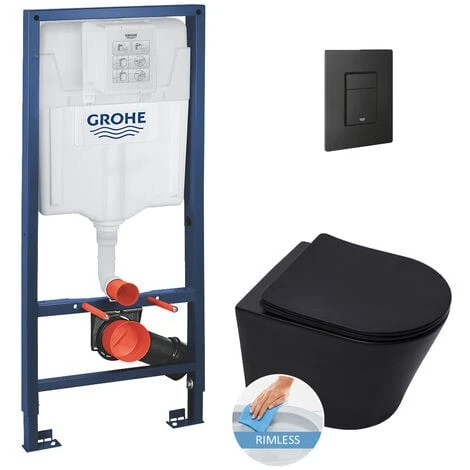 Grohe Toilet Set Rapid SL Frame + Infinitio Rimless Toilet, Matt Black + Softclose Seat + Matt Black Flush Plate 3 Grohe Toilet Set Rapid SL Frame + Infinitio Rimless Toilet, Matt Black + Softclose Seat + Matt Black Flush Plate