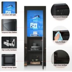 ELEGANT Display Cabinet Black 600 X 350 X 1650 Mm High Gloss Sideboard With Double 5mm Safety Tempered Glass Shelves, LED Light Storage Cabinet -Home Sale Shop 69469689 4