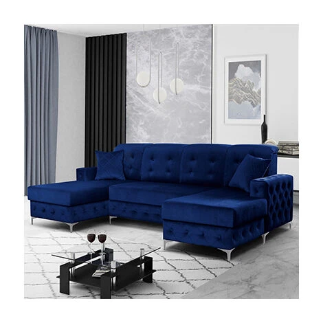 Verso Large Plush Velvet U-Shape Corner Sofa Bed - Blue 3 Verso Large Plush Velvet U-Shape Corner Sofa Bed - Blue