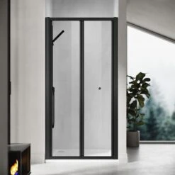 Home Sale Shop 30 ELEGANT 760mm Bi-Fold Shower Door Reversible Folding Glass Inner Opening Design Shower Enclosure Cubicles Door Matt Black Frame