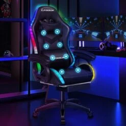 ELFORDSON Gaming Chair With RGB LED Light 8-Point Massage, Black