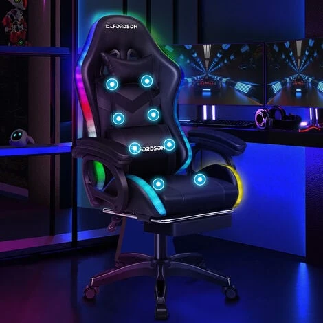 ELFORDSON Gaming Chair With RGB LED Light 8-Point Massage, Black 3 ELFORDSON Gaming Chair With RGB LED Light 8-Point Massage, Black