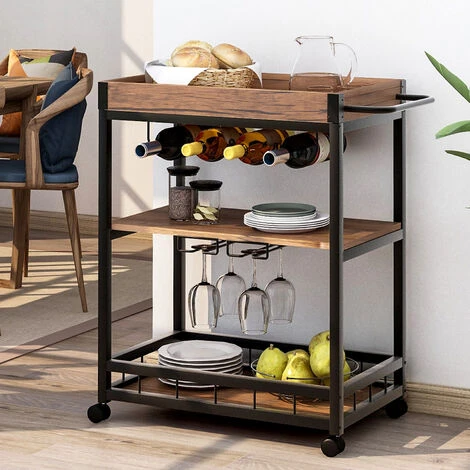Kitchen Trolley Cart 3-Tier Kitchen Island With Removable Tray, Wine Rack, Glass Hanger, Rustic Brown 3 Kitchen Trolley Cart 3-Tier Kitchen Island With Removable Tray, Wine Rack, Glass Hanger, Rustic Brown